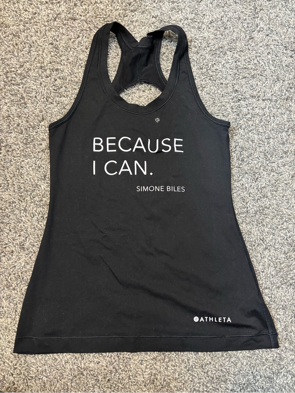 Athleta Black Racerback Tank with "Because I Can" Slogan